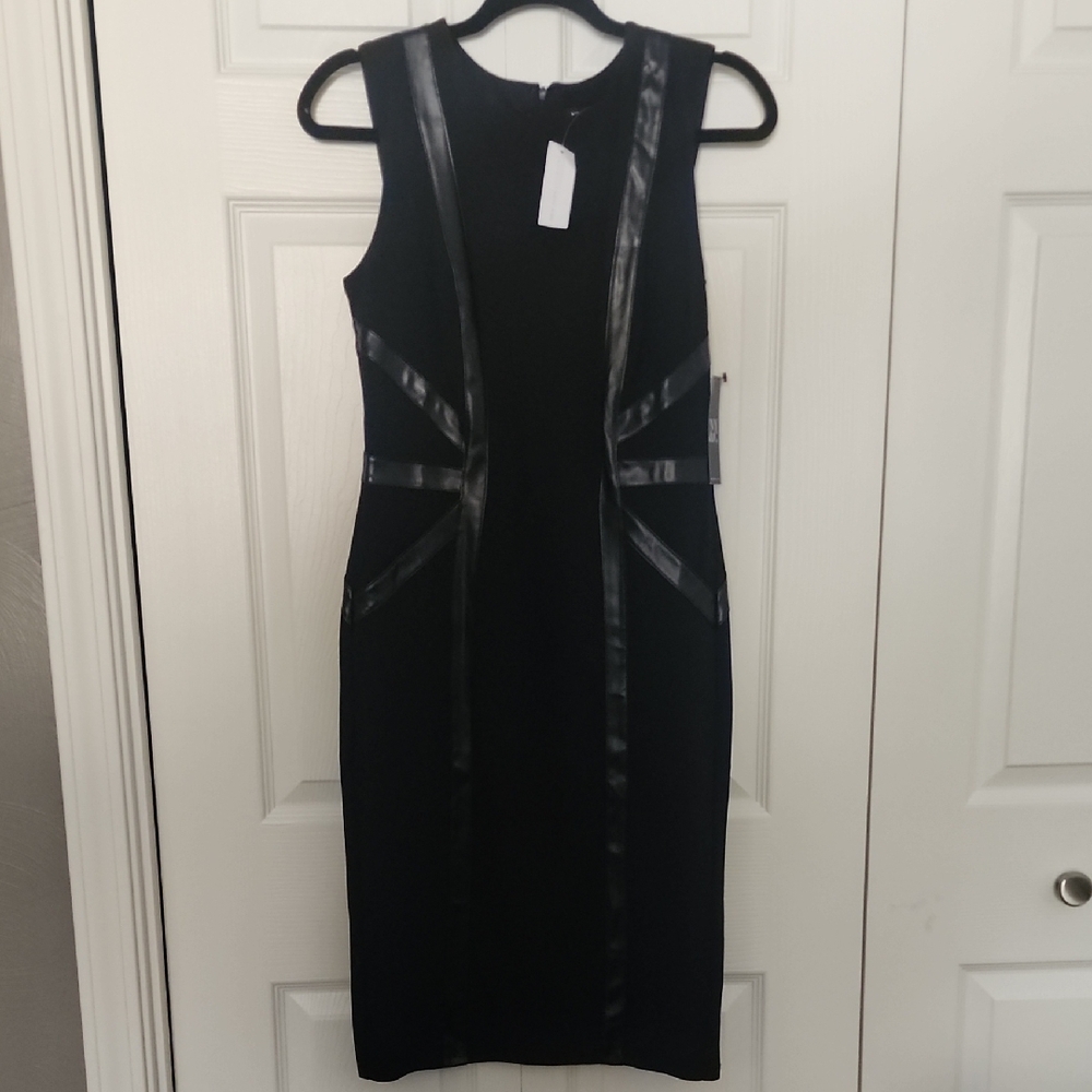 New York & Company Black Midi Dress with Leather Details